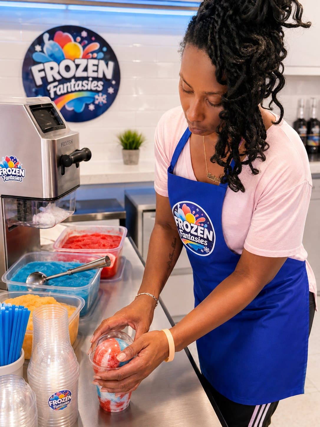 Tatiana preparing a Frozen Fantasies water ice order in the kitchen.